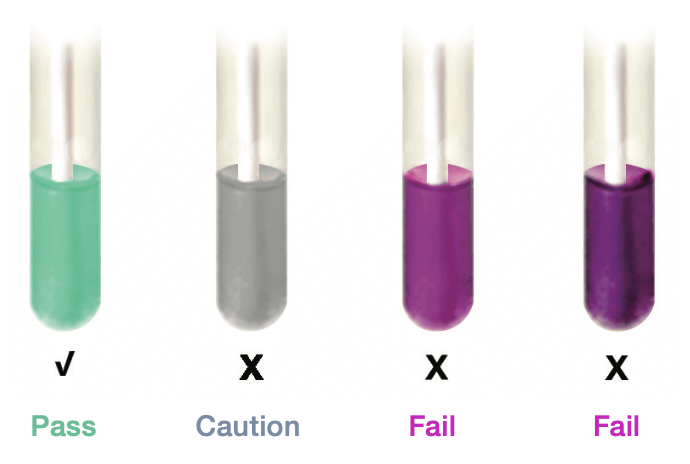 Mold Surface Test result indicators showing Pass, Caution, and Fail outcomes for mold testing.